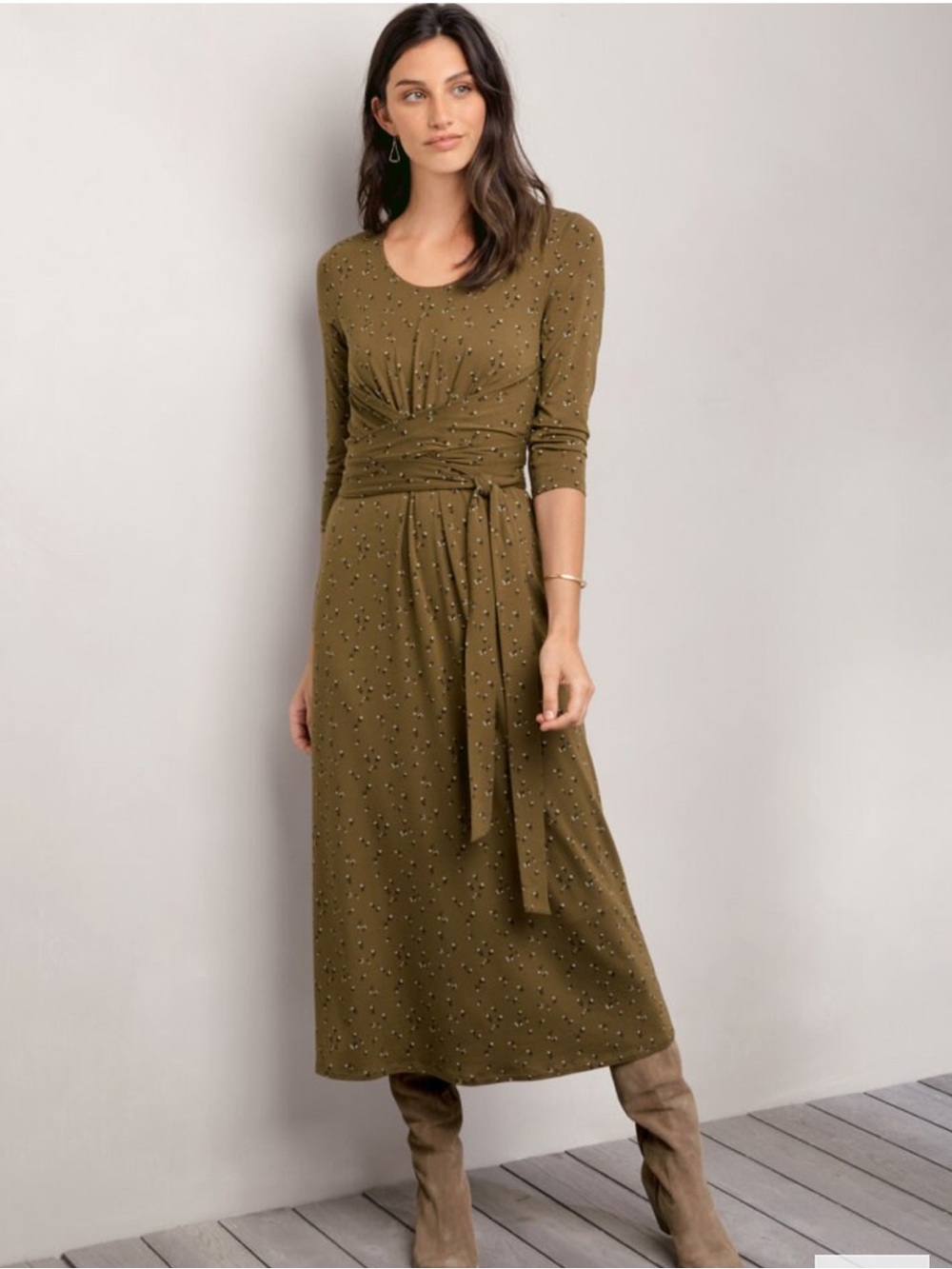 Garnet Hill Women’s Olive Green 3/4 Sleeve Tie-Waist Midi Dress Sz M